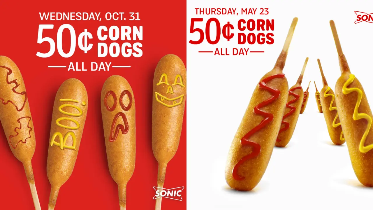 50 cent corn dogs all day Wednesday oct 31, Thursday MAY 23